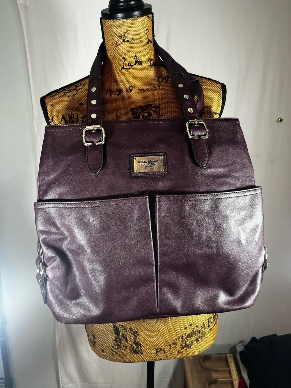 Relic Leather Tote Bag in Deep Plum with silver hardware